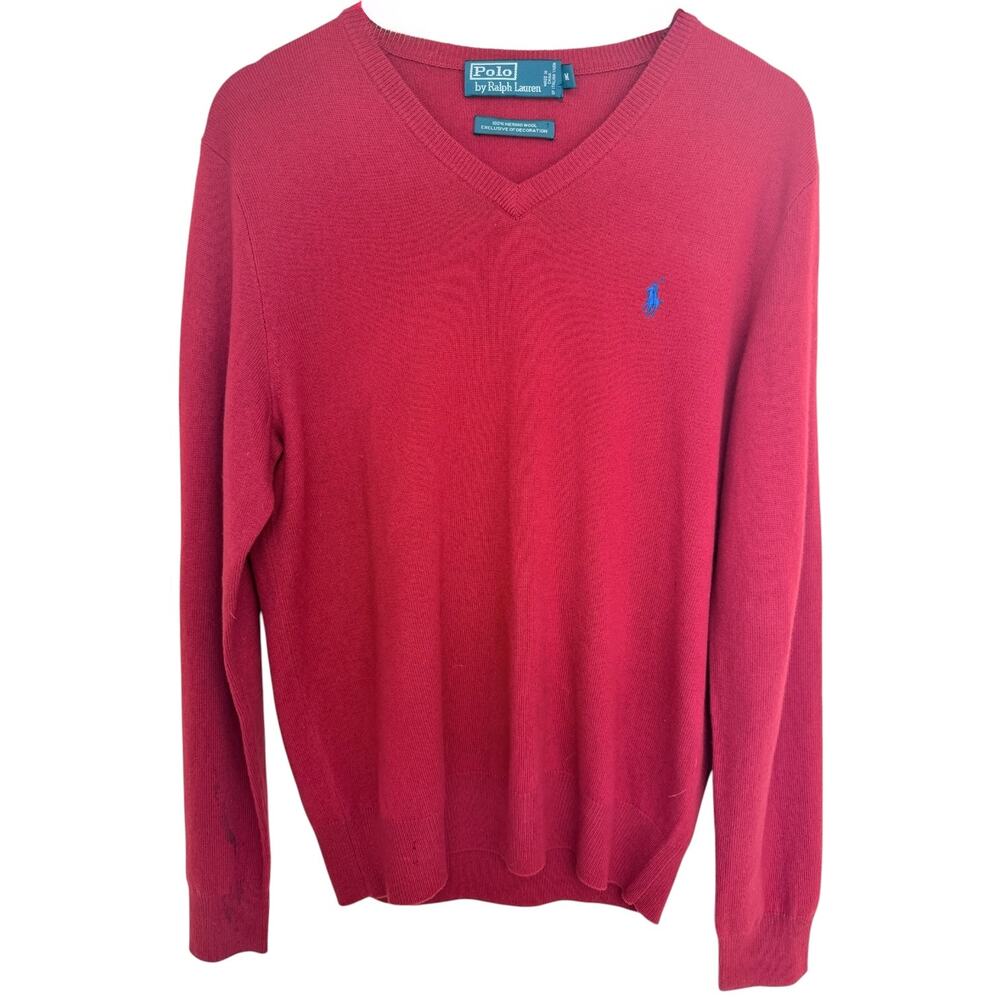 Polo Ralph Lauren Merino Wool Sweater Mens Medium Red V Neck Pony Logo